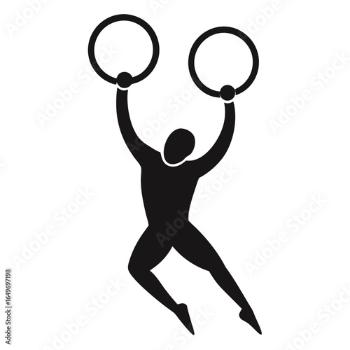 Silhouette, white background, athlete holding gymnastic rings overhead