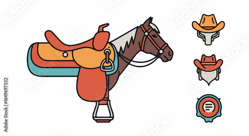 Detailed Illustration of a Western Horse Saddle with Stirrups and Bridle.
