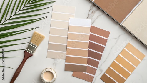 Neutral Toned Color Swatches for Home Decoration Projects with a Paint Brush and a Small Container on a Marble Surface.