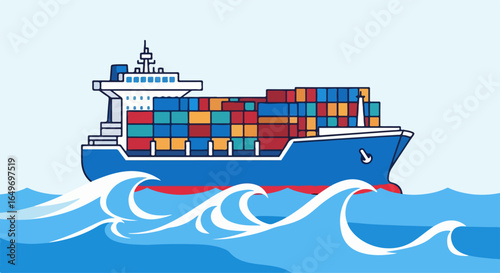 Large Blue Cargo Ship Laden with Colorful Shipping Containers Navigating Wavy Ocean.