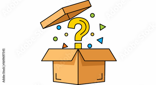 Open Cardboard Box Revealing Yellow Question Mark and Colorful Geometric Shapes.