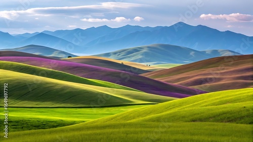 Picturesque landscape with a series of colorful hot air balloons