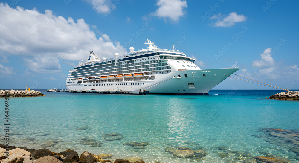 Naklejka premium Large White Cruise Ship Docked in Bright Blue Ocean with Clear Sky