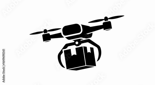 Black Silhouette of a Quadcopter Drone Delivering a Package.