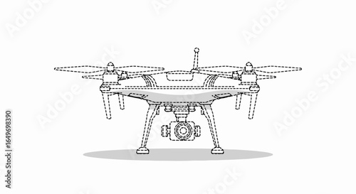 Detailed Line Art Illustration of a Quadcopter Drone with Camera Gimbal.