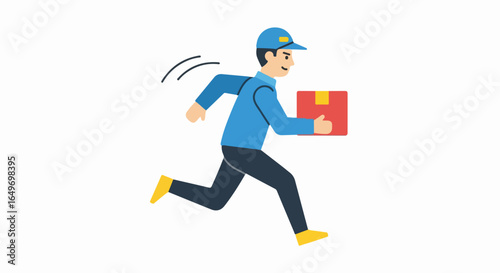 Energetic Delivery Person Running with Red Package and Blue Uniform.