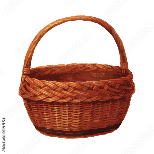 Handmade wicker basket in watercolor style. Vector isolated on white background.