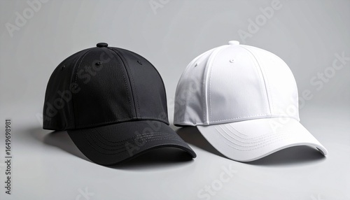 Classic black and white baseball caps side by side on a grey background. Blank headwear template for mockup and design presentation.
