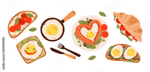 Healthy breakfast set with croissant, fried egg, toast, and organic vegetables. Cozy morning breakfast. Flat vector illustration set. Perfect for cafe menu, morning routine, and healthy food concepts.