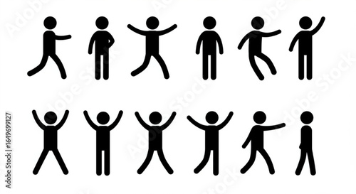 Black Stick Figures in Various Poses on White, Demonstrating Actions and Emotions