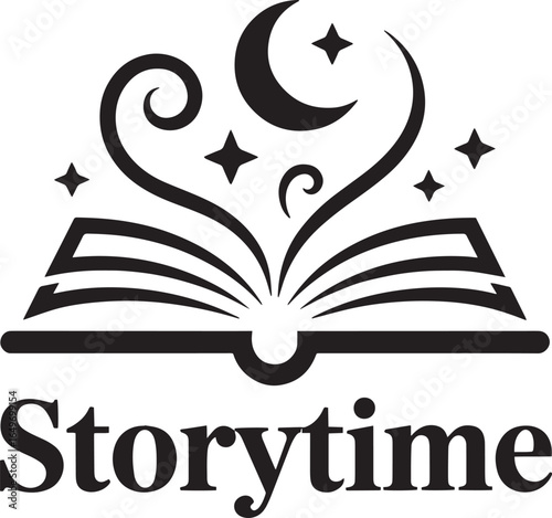 Enchanting Storytime Logo Design with Open Book, Moon, and Stars for Children's Literature