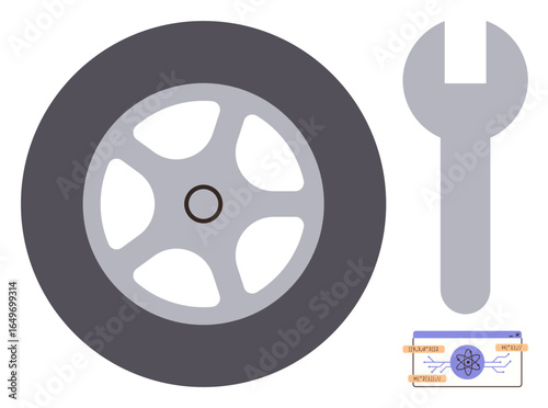 Tire with five spokes, wrench, and schematic diagram illustrating mechanical processes. Ideal for engineering, automotive repair, construction, technology, manufacturing, maintenance simple landing
