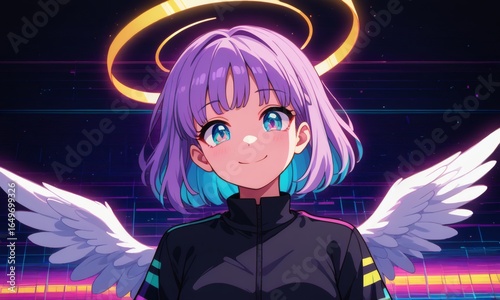 Futuristic Anime Angel with Radiant Halo and Wings in Neon Cyberpunk World — Ethereal Purple-Haired Character in Surreal Digital Fantasy Art for Sci-Fi and Celestial Themes