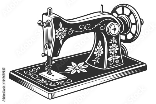 Vintage black and white illustration of an antique sewing machine