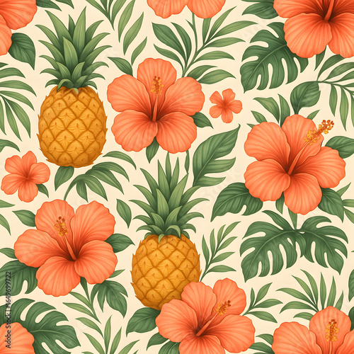 Tropical Floral Symphony: A vibrant seamless pattern showcasing a harmonious arrangement of pineapples, hibiscus flowers, and lush green leaves, a true celebration of nature's artistry.