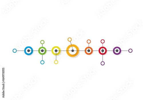 Colorful infographic timeline with connected circles. Abstract vector graphic representing a business process, workflow, or sequence of steps.