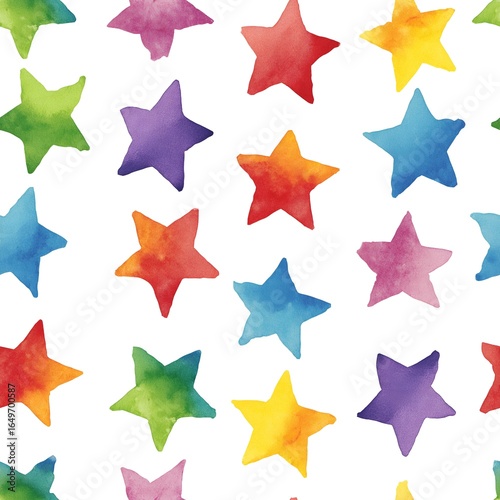 Seamless Watercolor Rainbow Stars Pattern.The versatile design is ideal for children's party invitations, nursery decor, wrapping paper, fabric prints, and educational website backgrounds. 