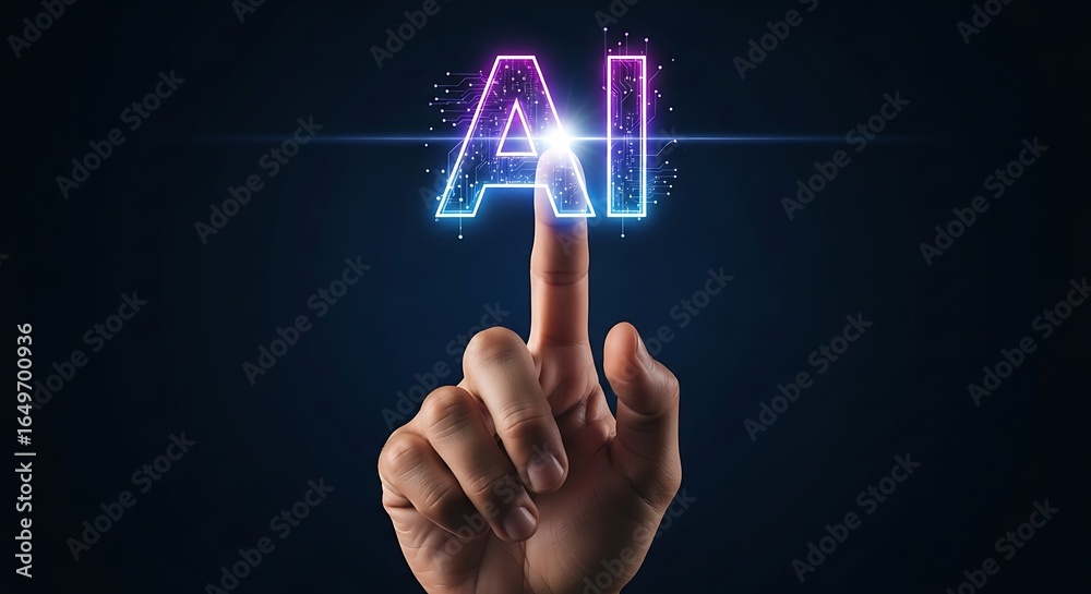 Fototapeta premium Human finger touching glowing ai text with futuristic digital light effects