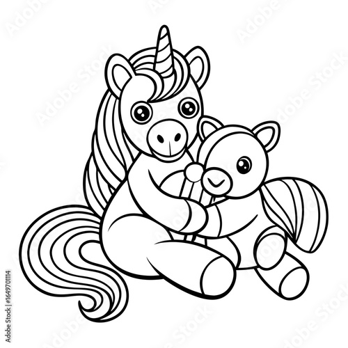 black outline printable unicorn cuddling cat