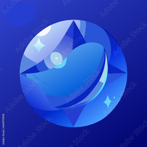 Abstract blue orb with geometric facets and sparkles