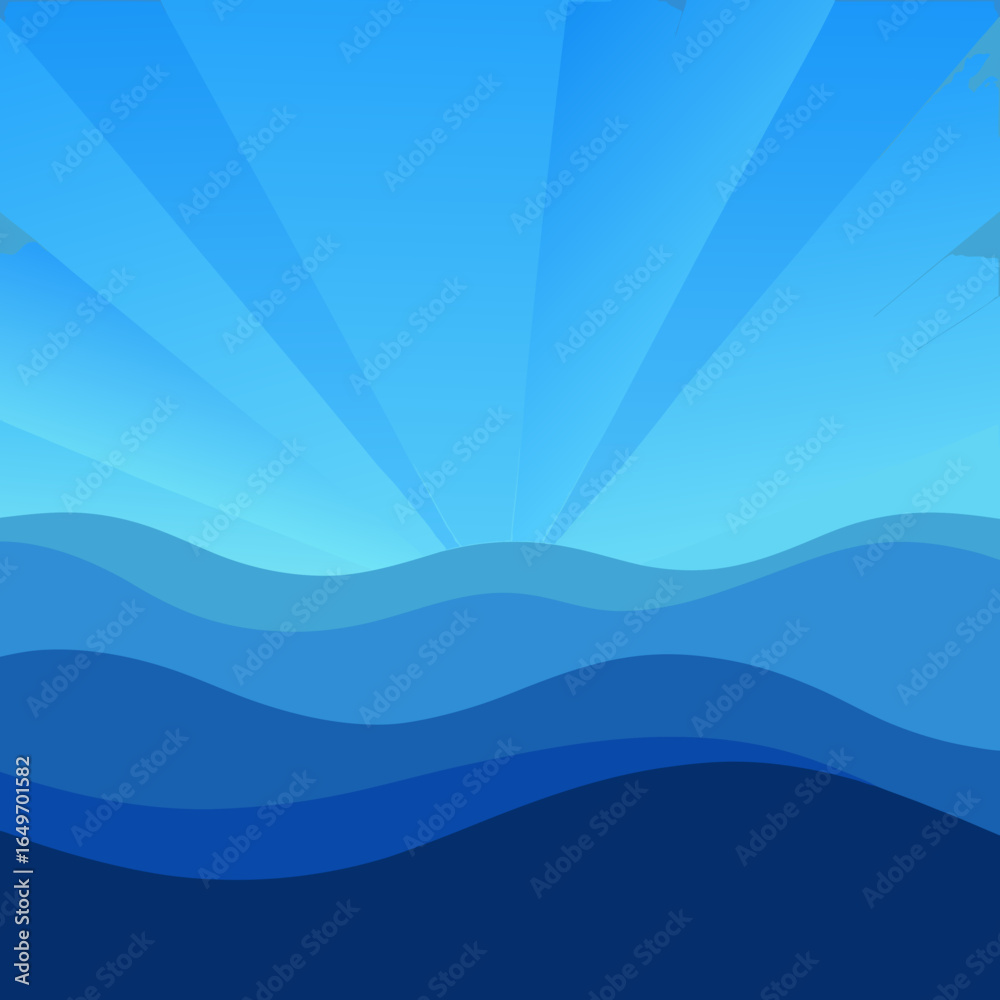 Fototapeta premium Abstract blue ocean waves with sunburst sky