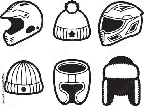 Assortment of protective headwear and winter hats in black and white helmet motorcycle helmet