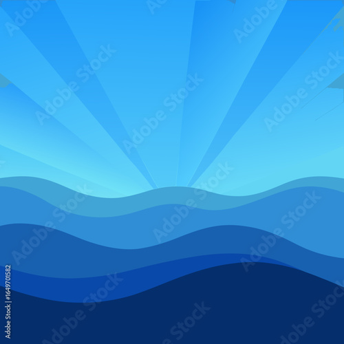 Abstract blue ocean waves with sunburst sky