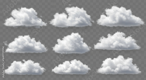 Collection of White Fluffy Clouds on a Checkered Background, Weather Elements