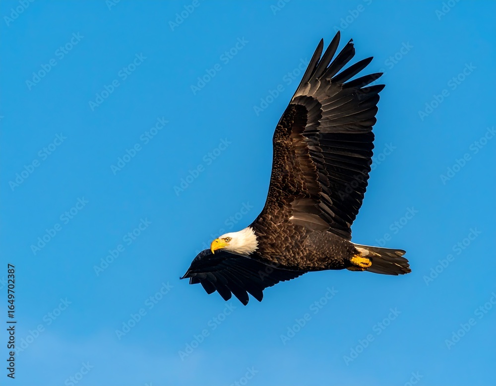 Fototapeta premium Majestic bald eagle soaring through a clear blue sky.
