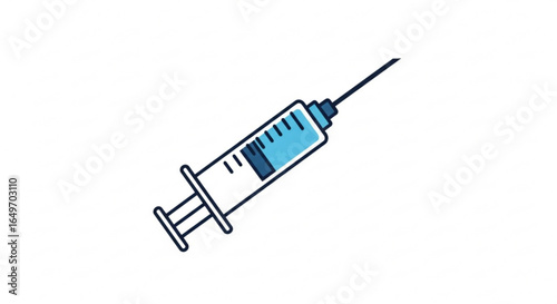 Blue and White Syringe with Needle on White Background, Medical Illustration