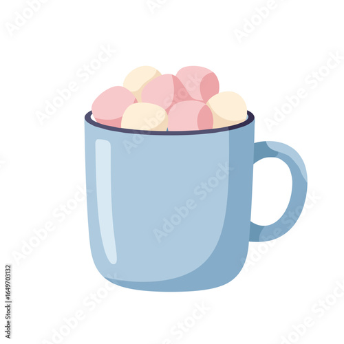 Blue mug with colorful marshmallows in flat vector style on transparent background.