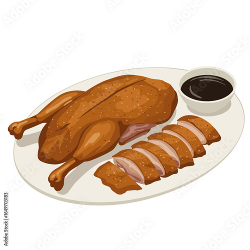 Peking duck served with sliced meat and sauce on a white plate   in flat vector isolated on transparent background.