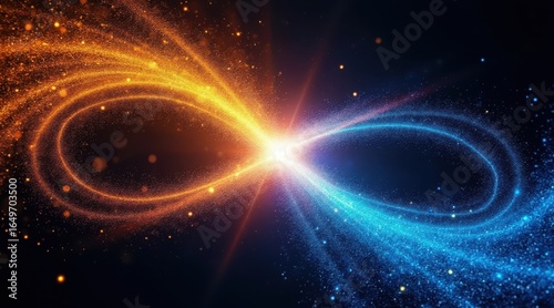 Cosmic infinity symbol exploding with orange and blue energy