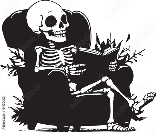 Skeleton sitting on an armchair reading a book surrounded by spooky foliage
