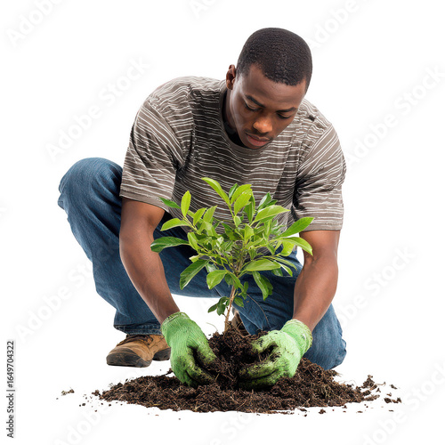 Young man planting tree with green leaves wearing gloves and casual clothes, showing care and focus on environmental activity