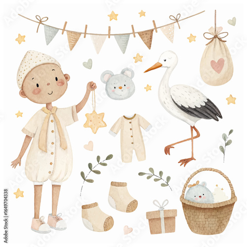 Watercolor set of Baby shower elements in neutral tones: Babies, clothes, accessories, stork, and garlands. Drawing for newborn invitations and childish party greeting card. Art of Infants for