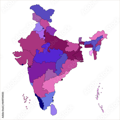 Modern India Map, Accurate geographic India map with political divisions and labels. Indian map state coloured