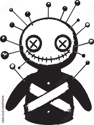 Sinister voodoo doll with pins and stitches Halloween magic horror illustration
