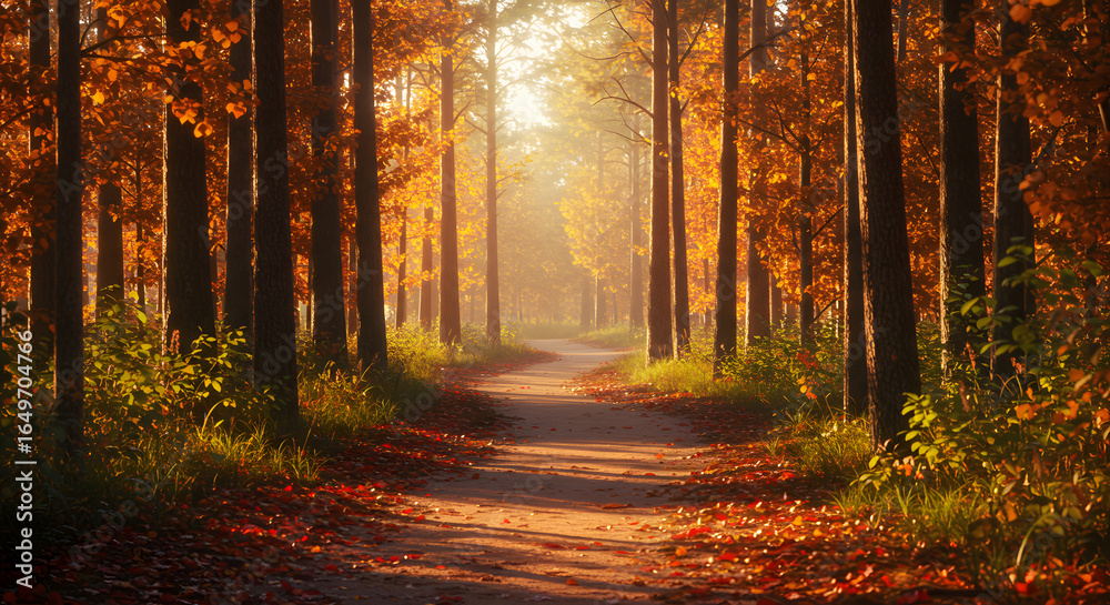 Fototapeta premium Autumn Forest Path with Sun Rays