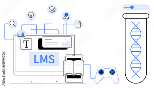 Computer screen with LMS interface, book, gaming control, and test tube with DNA strand amidst network lines. Ideal for education, technology, research, innovation, e-learning biology STEM simple