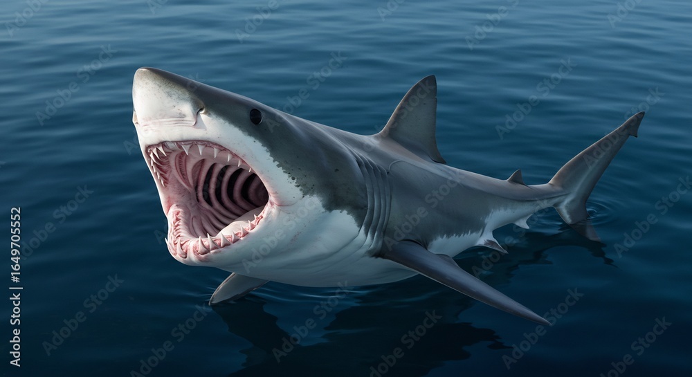 Naklejka premium Powerful great white shark powerfully rises from deep blue water sunlight gleaming on its sharp teeth.. AI Generated