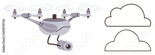 Drone with camera hovering in mid-air, surrounded by stylized clouds. Ideal for technology, surveillance, innovation, security, air transport, cloud computing futuristic technology. Simple flat