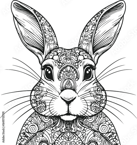 A perfectly symmetrical, front-facing rabbit face coloring page illustration, drawn with clean, consistent black ink lines in minimalist style 1