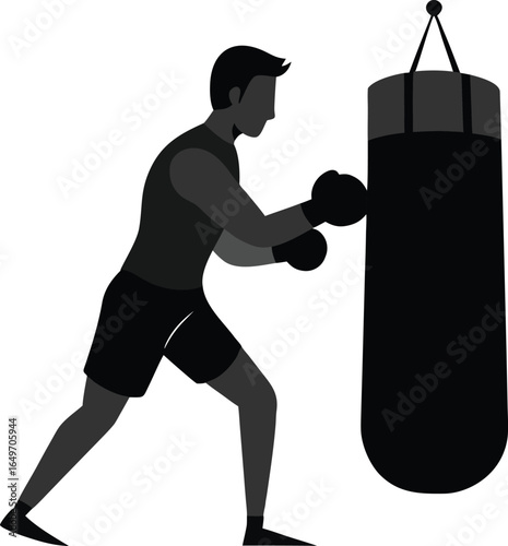 Male boxer training with a punching bag silhouette isolated on white background