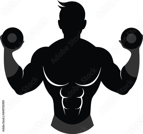 Fitness man silhouette lifting dumbbells isolated on white background