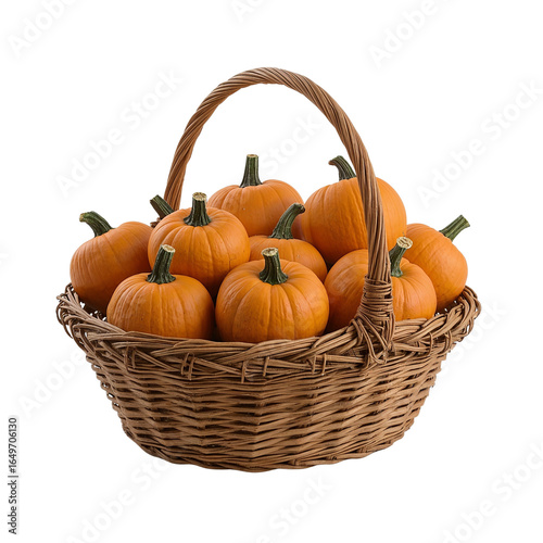 Rustic wicker basket filled with ripe orange pumpkins isolated on transparent background  