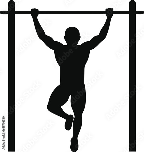 Muscular man silhouette performing a pull up exercise isolated on white background