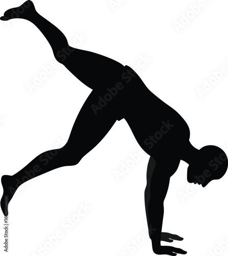 Man performing a handstand with one leg raised in a dynamic pose silhouette isolated on white background