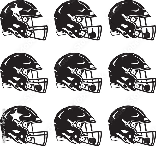 Nine black silhouette icons of American football helmets sport athletic