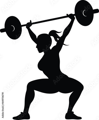 Silhouette of a woman performing a barbell snatch weightlifting exercise isolated on white background